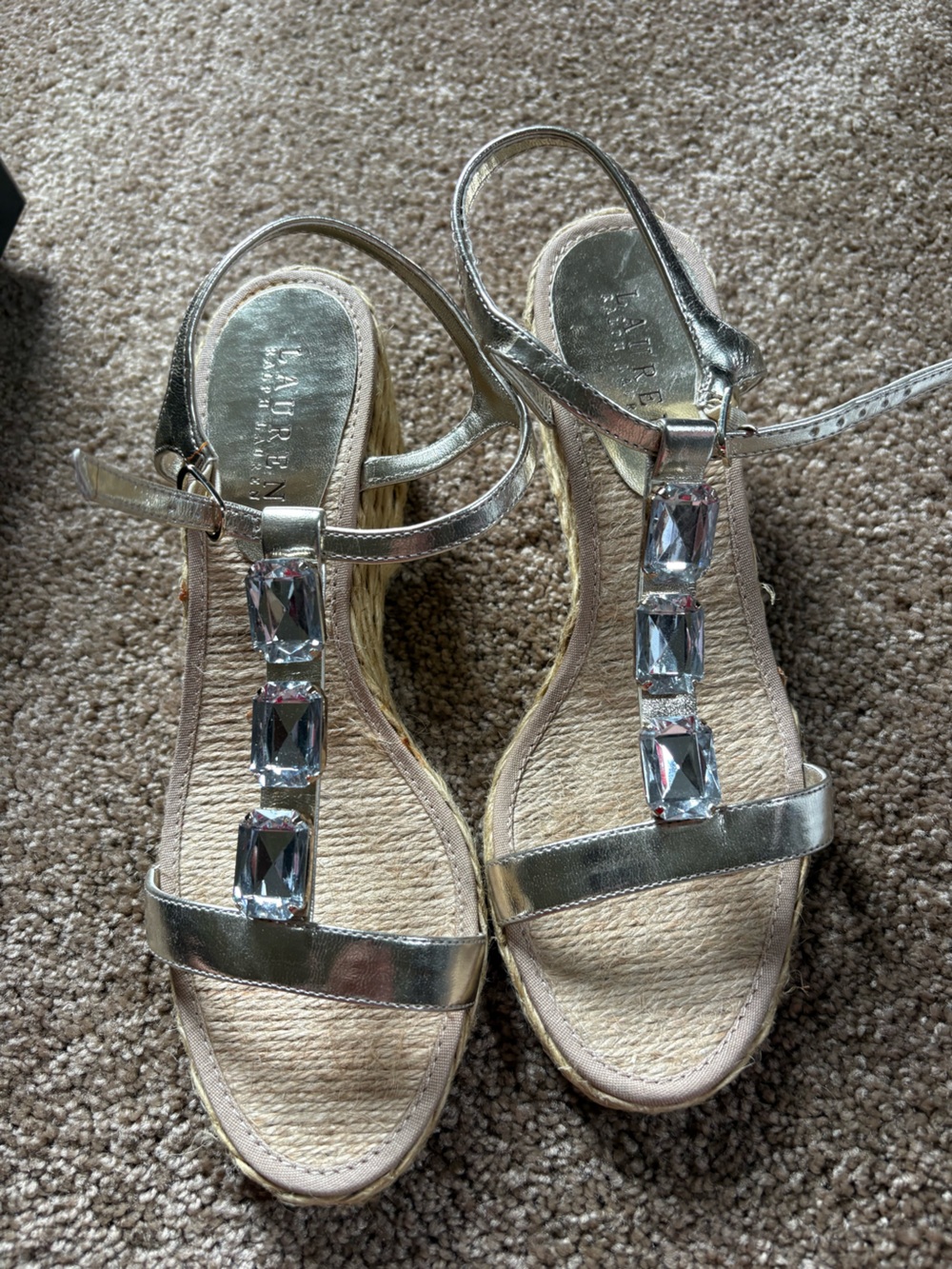 Lauren Ralph Lauren Gold T-Strap Sandals with Crystal Embellishments